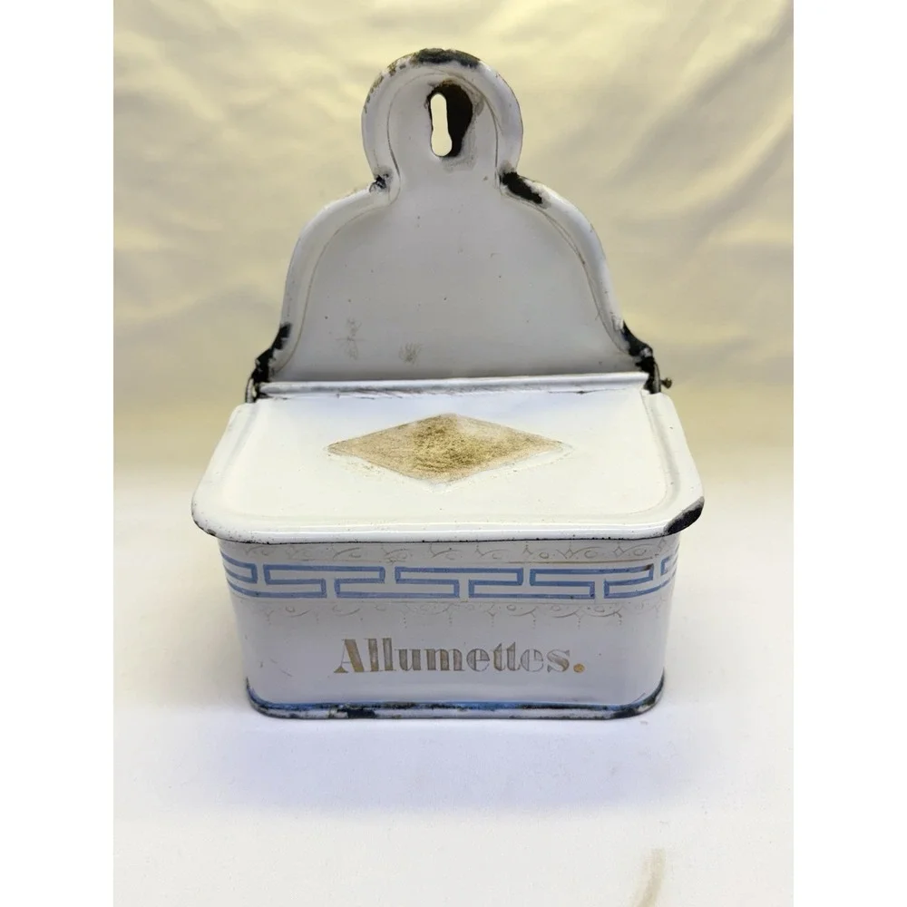 French Enamelware Blue  and White  Allumettes Match Box & Enamel Scoop 1910-1930